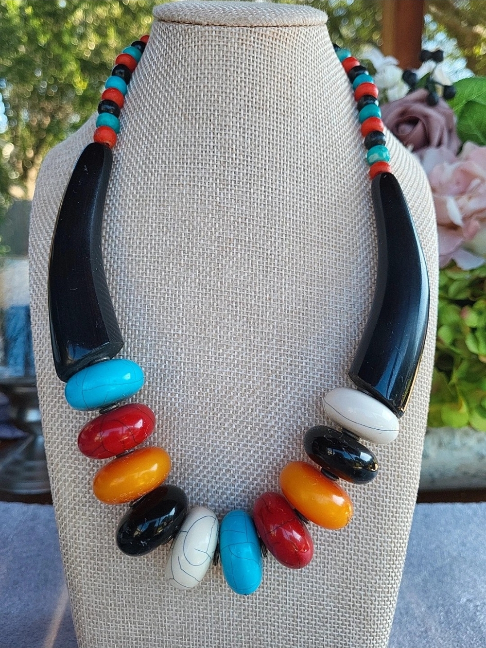 Colorblock Bead Statement Necklace in Turquoise, Red, Yellow, Black & Cream